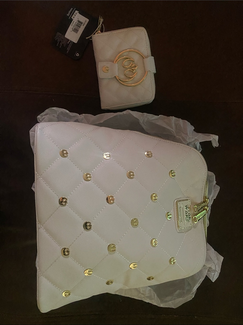 Star Wars White Quilted Crossbody Bag with Gold Studs and Matching Wallet